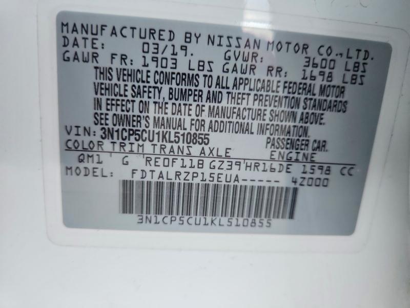 2019 Nissan Kicks მანქანა იყიდება აუქციონზე, vin: 3N1CP5CU1KL510855, აუქციონის ნომერი: 58101486