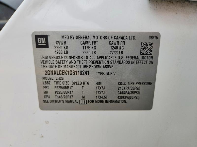 Aukcja sprzedaży 2016 Chevrolet Equinox, vin: 2GNALCEK1G6119241, numer aukcji: 58190556