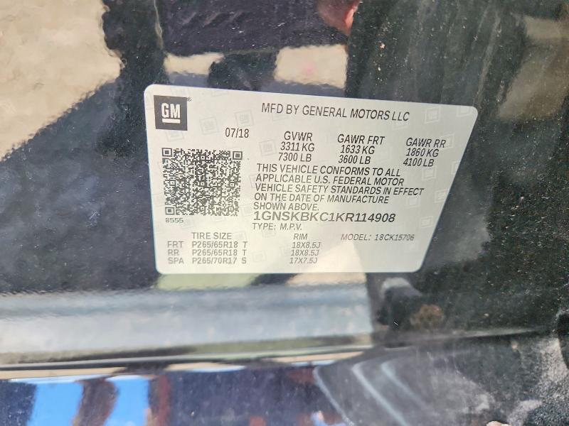 2019 Chevrolet Tahoe მანქანა იყიდება აუქციონზე, vin: 1GNSKBKC1KR114908, აუქციონის ნომერი: 57025876