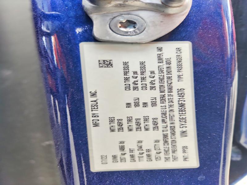 2022 Tesla Model 3 მანქანა იყიდება აუქციონზე, vin: 5YJ3E1EB5NF314976, აუქციონის ნომერი: 85771415