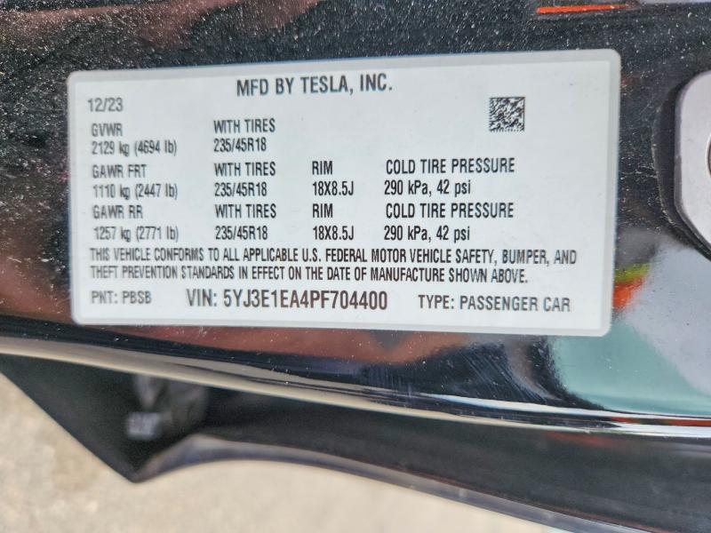 2023 Tesla Model 3 მანქანა იყიდება აუქციონზე, vin: 5YJ3E1EA4PF704400, აუქციონის ნომერი: 58258376