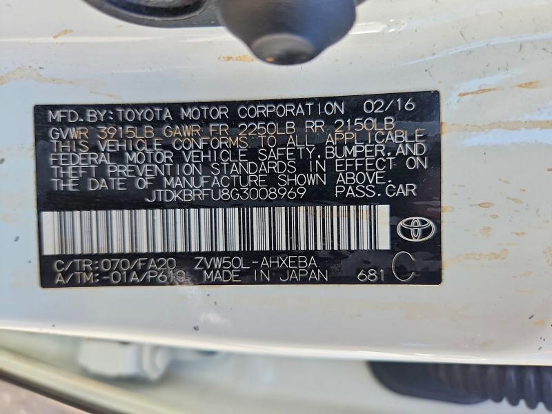 56645916 :رقم المزاد ، JTDKBRFU8G3008969 vin ، 2016 Toyota Prius مزاد بيع