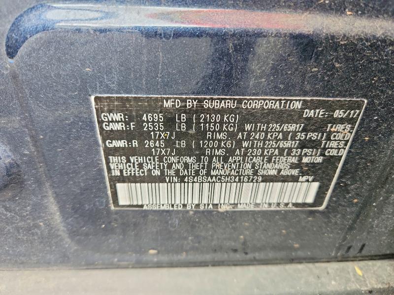 59186286 :رقم المزاد ، 4S4BSAAC5H3416729 vin ، 2017 Subaru Outback مزاد بيع