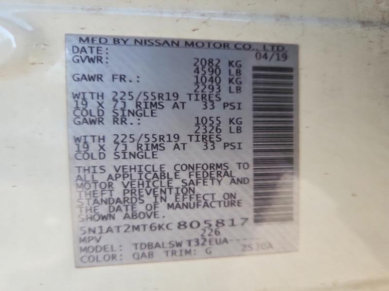 2019 Nissan Rogue მანქანა იყიდება აუქციონზე, vin: 5N1AT2MT6KC805817, აუქციონის ნომერი: 59233556