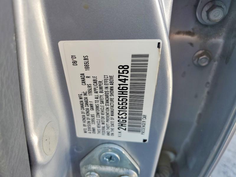 2001 Honda Civic მანქანა იყიდება აუქციონზე, vin: 2HGES16551H614758, აუქციონის ნომერი: 56439926