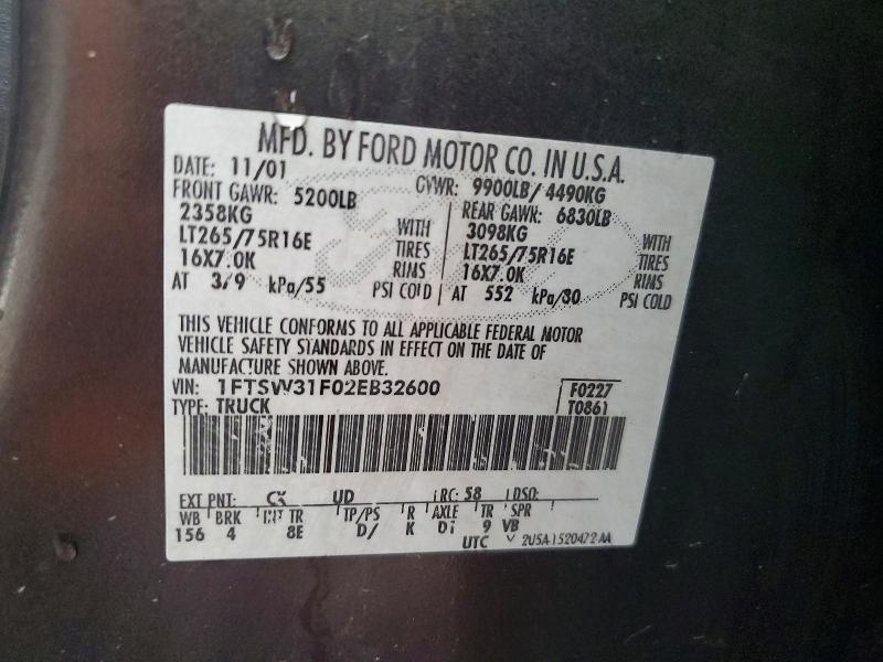 58470326 :رقم المزاد ، 1FTSW31F02EB32600 vin ، 2002 Ford F350 مزاد بيع