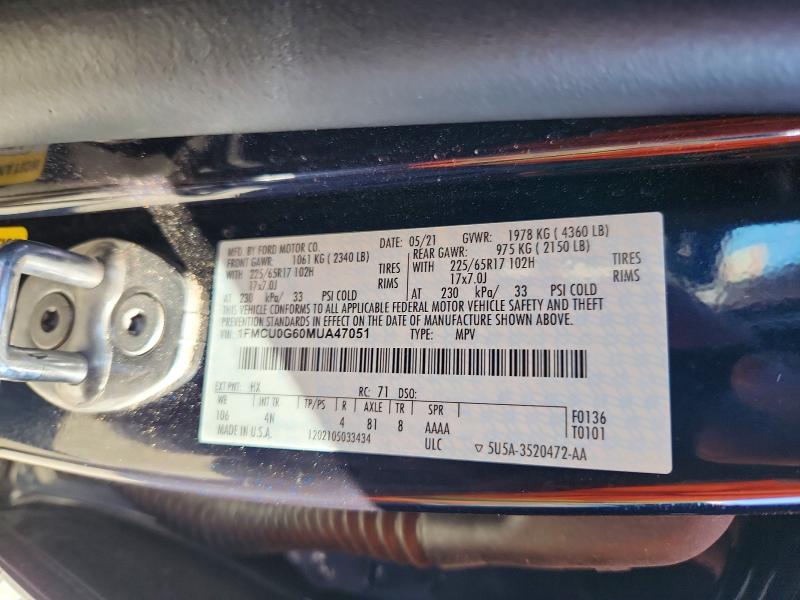 2021 Ford Escape მანქანა იყიდება აუქციონზე, vin: 1FMCU0G60MUA47051, აუქციონის ნომერი: 57029106