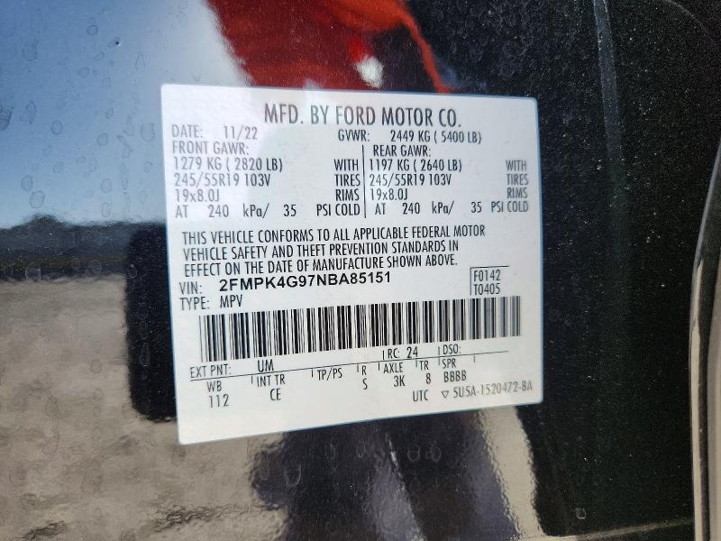 58955946 :رقم المزاد ، 2FMPK4G97NBA85151 vin ، 2022 Ford Edge مزاد بيع