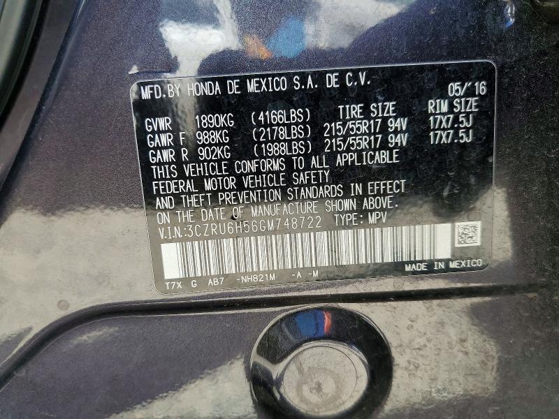 57174136 :رقم المزاد ، 3CZRU6H56GM748722 vin ، 2016 Honda Hr-v مزاد بيع