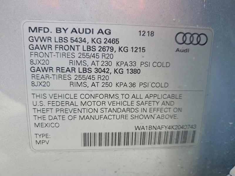 58428396 :رقم المزاد ، WA1BNAFY4K2040743 vin ، 2019 Audi Q5 مزاد بيع