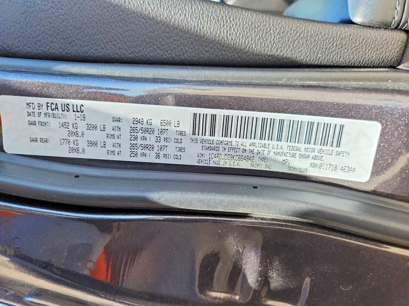 59094666 :رقم المزاد ، 1C4RDJDG9KC664842 vin ، 2019 Dodge Durango مزاد بيع