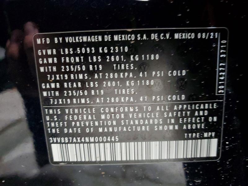 2022 Volkswagen Tiguan მანქანა იყიდება აუქციონზე, vin: 3VV8B7AX4NM000445, აუქციონის ნომერი: 58735276
