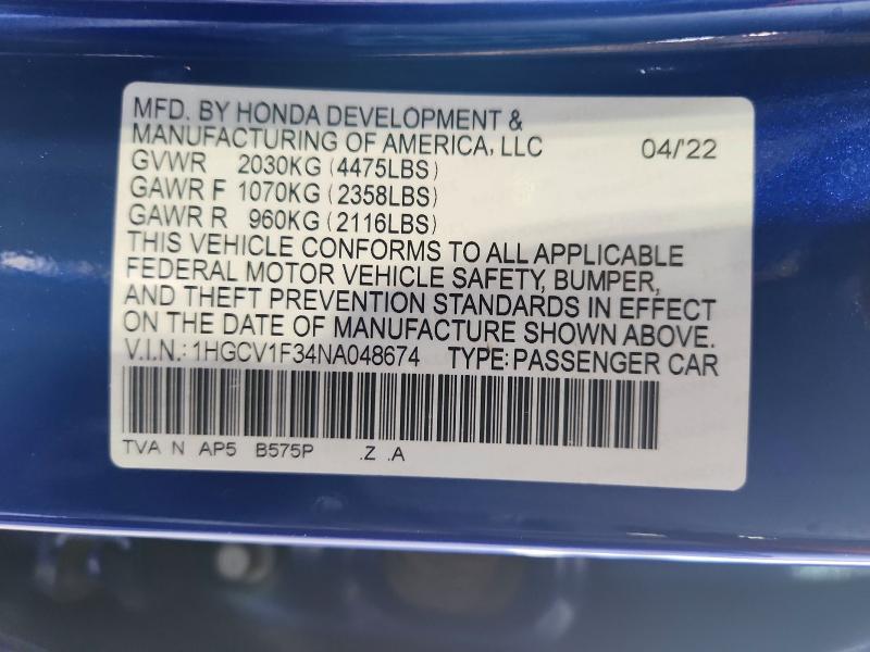 2022 Honda Accord მანქანა იყიდება აუქციონზე, vin: 1HGCV1F34NA048674, აუქციონის ნომერი: 58330436