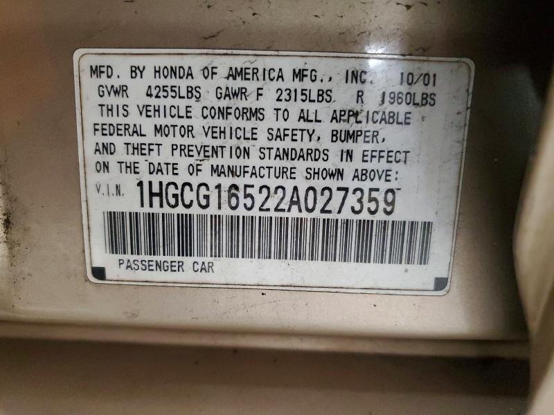 Aukcja sprzedaży 2002 Honda Accord, vin: 1HGCG16522A027359, numer aukcji: 58936206