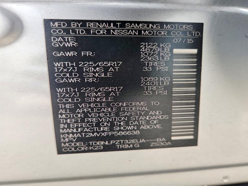 56814036 :رقم المزاد ، KNMAT2MVXFP586638 vin ، 2015 Nissan Rogue مزاد بيع