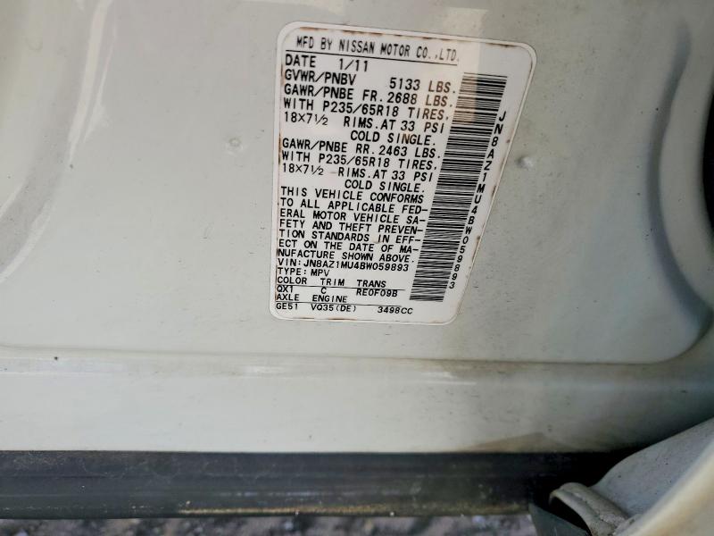 2011 Nissan Murano მანქანა იყიდება აუქციონზე, vin: JN8AZ1MU4BW059893, აუქციონის ნომერი: 55811626