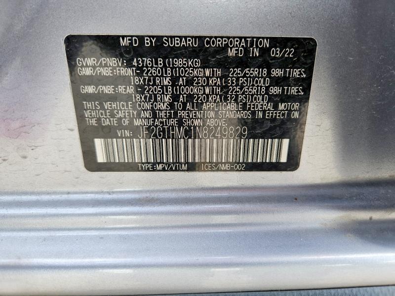 57125146 :رقم المزاد ، JF2GTHMC1N8249829 vin ، 2022 Subaru Crosstrek مزاد بيع