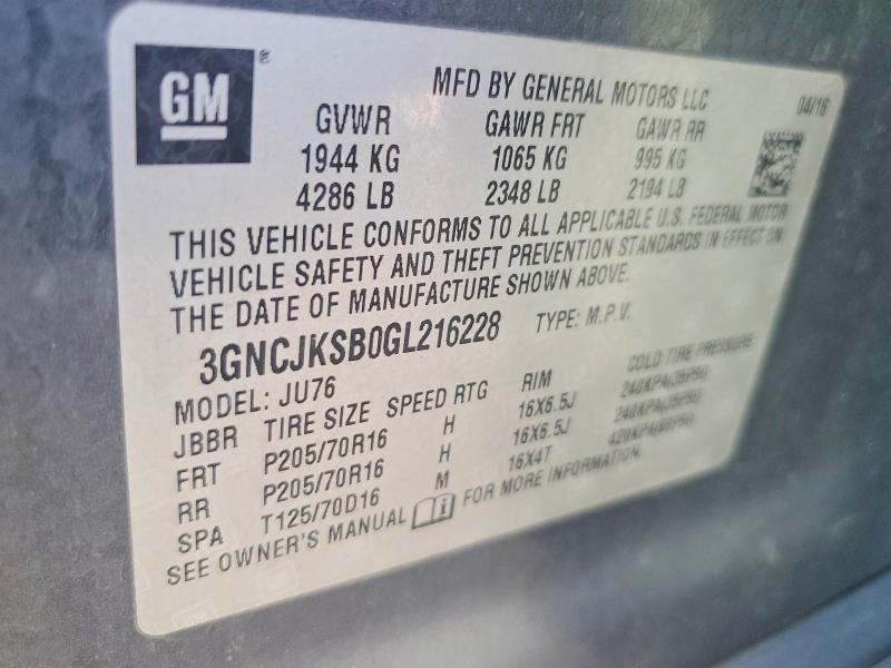 Aukcja sprzedaży 2016 Chevrolet Trax, vin: 3GNCJKSB0GL216228, numer aukcji: 57464406