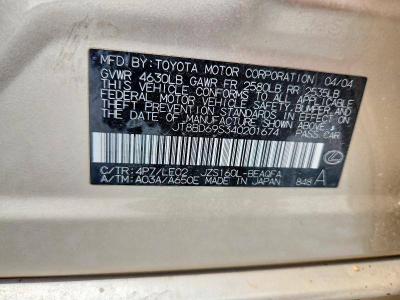 2004 Lexus Gs მანქანა იყიდება აუქციონზე, vin: JT8BD69S340201674, აუქციონის ნომერი: 56489786
