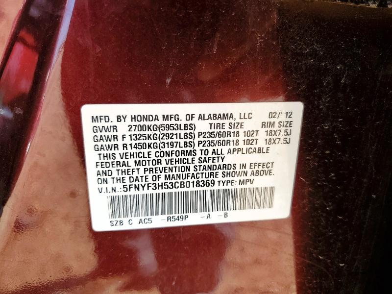 2012 Honda Pilot მანქანა იყიდება აუქციონზე, vin: 5FNYF3H53CB018369, აუქციონის ნომერი: 56638186
