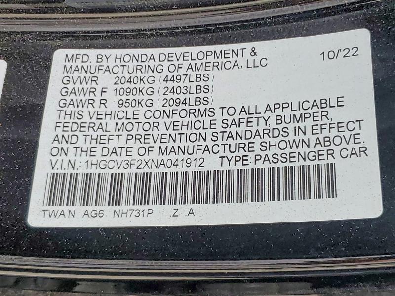 Продаж на аукціоні авто 2022 Honda Accord, vin: 1HGCV3F2XNA041912, номер лоту: 57562376