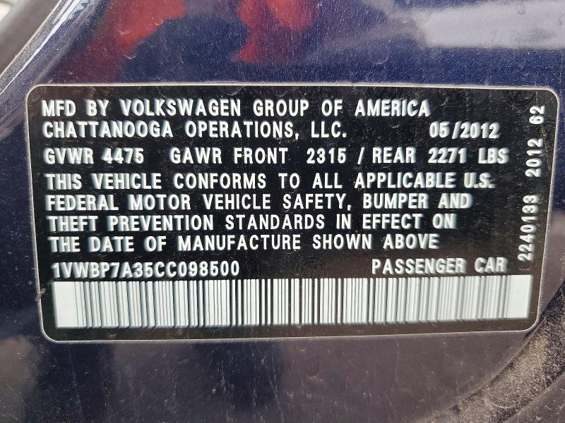 Aukcja sprzedaży 2012 Volkswagen Passat, vin: 1VWBP7A35CC098500, numer aukcji: 57438196
