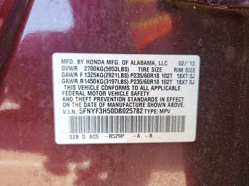 57750136 :رقم المزاد ، 5FNYF3H50DB025782 vin ، 2013 Honda Pilot مزاد بيع