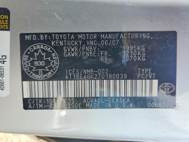 Продажа на аукционе авто 2007 Toyota Camry, vin: 4T1BE46K27U180039, номер лота: 57200466