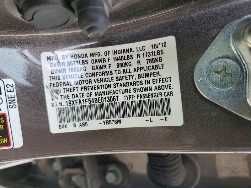 56069996 :رقم المزاد ، 19XFA1F54BE013067 vin ، 2011 Honda Civic مزاد بيع
