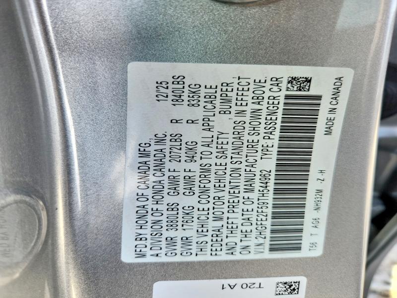 2026 Honda Civic მანქანა იყიდება აუქციონზე, vin: 2HGFE2F59TH544962, აუქციონის ნომერი: 55674576