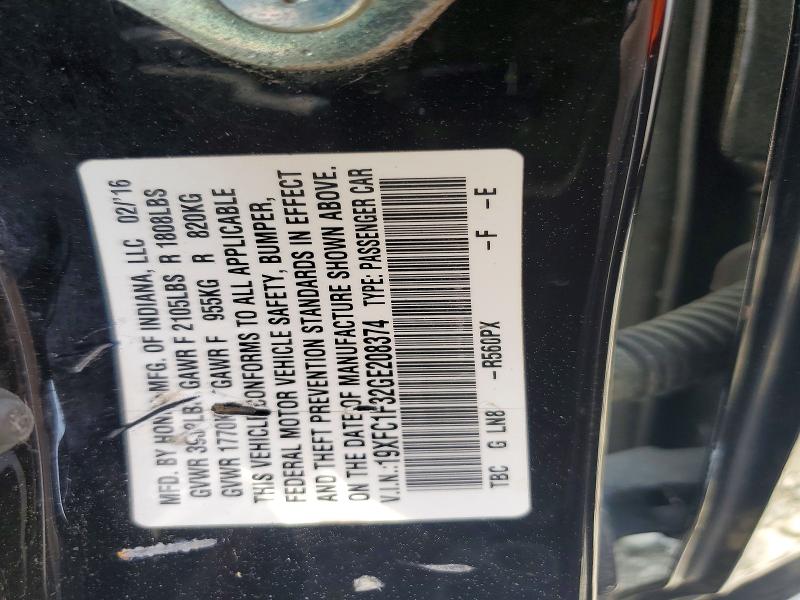 2016 Honda Civic მანქანა იყიდება აუქციონზე, vin: 19XFC1F32GE208374, აუქციონის ნომერი: 85618275