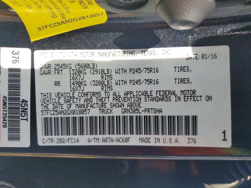Продажа на аукционе авто 2016 Toyota Tacoma, vin: 5TFCZ5AN2GX018057, номер лота: 58432096