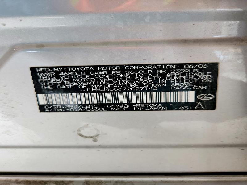 Продаж на аукціоні авто 2007 Lexus Es, vin: JTHBJ46G372027143, номер лоту: 58821946