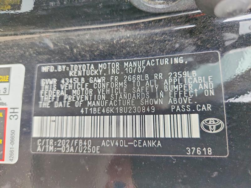 Aukcja sprzedaży 2008 Toyota Camry, vin: 4T1BE46K18U230849, numer aukcji: 55724046