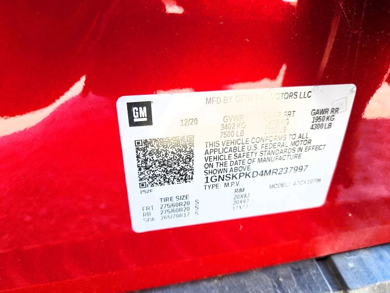 Aukcja sprzedaży 2021 Chevrolet Tahoe, vin: 1GNSKPKD4MR237997, numer aukcji: 57367556