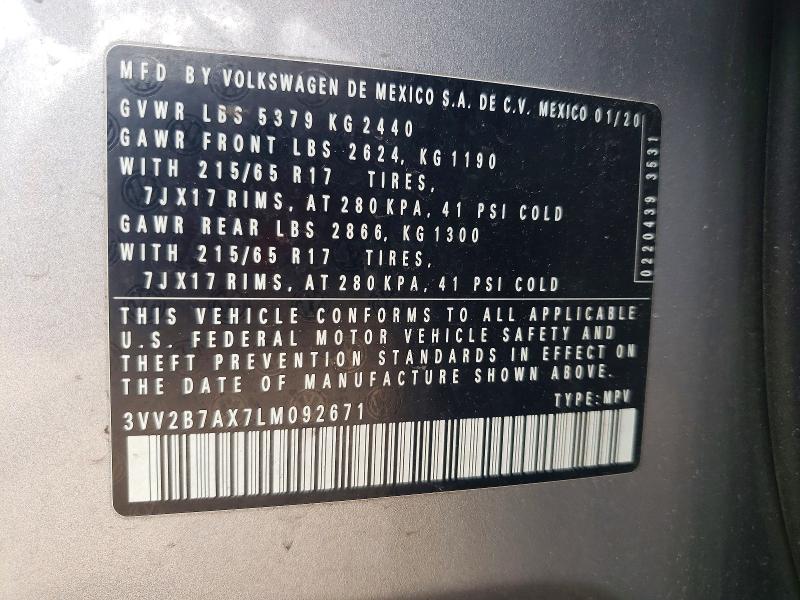 Aukcja sprzedaży 2020 Volkswagen Tiguan, vin: 3VV2B7AX7LM092671, numer aukcji: 55202306