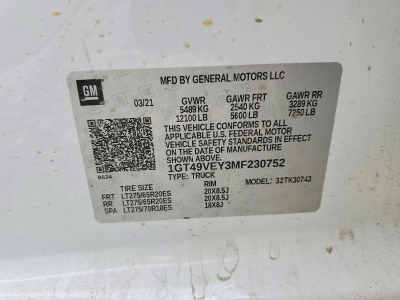 58484026 :رقم المزاد ، 1GT49VEY3MF230752 vin ، 2021 Gmc Sierra مزاد بيع