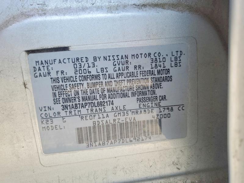 Aukcja sprzedaży 2013 Nissan Sentra, vin: 3N1AB7AP7DL692174, numer aukcji: 59071176