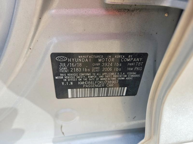 2019 Hyundai Elantra მანქანა იყიდება აუქციონზე, vin: KMHD84LF0KU738907, აუქციონის ნომერი: 57859246
