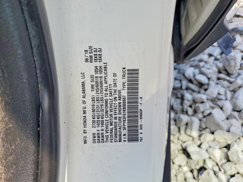58804546 :رقم المزاد ، 5FPYK3F61KB008887 vin ، 2019 Honda Ridgeline مزاد بيع