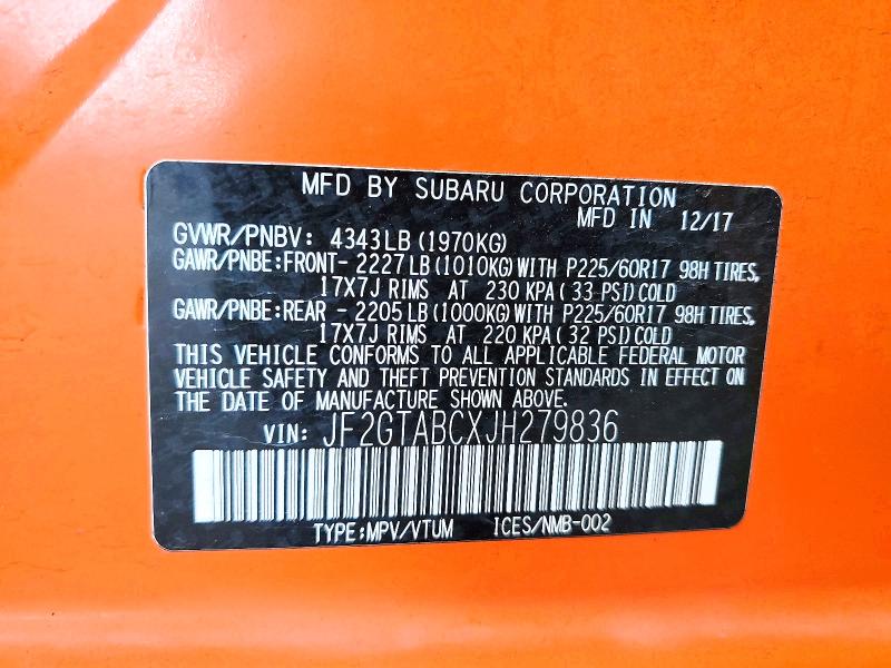 Aukcja sprzedaży 2018 Subaru Crosstrek, vin: JF2GTABCXJH279836, numer aukcji: 56653566