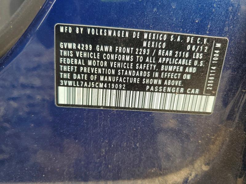 2012 Volkswagen Jetta მანქანა იყიდება აუქციონზე, vin: 3VWLL7AJ5CM419092, აუქციონის ნომერი: 58259696
