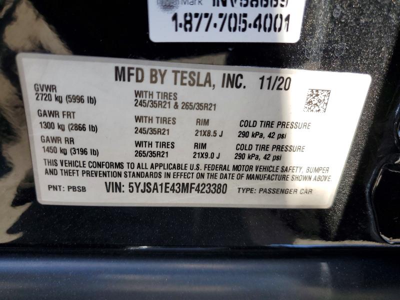 2021 Tesla Model S მანქანა იყიდება აუქციონზე, vin: 5YJSA1E43MF423380, აუქციონის ნომერი: 55716416