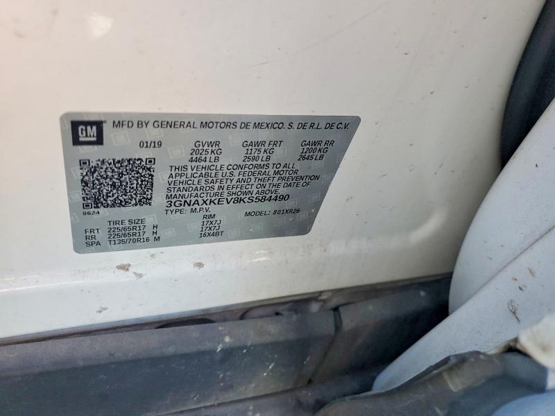 2019 Chevrolet Equinox მანქანა იყიდება აუქციონზე, vin: 3GNAXKEV8KS584490, აუქციონის ნომერი: 55758236