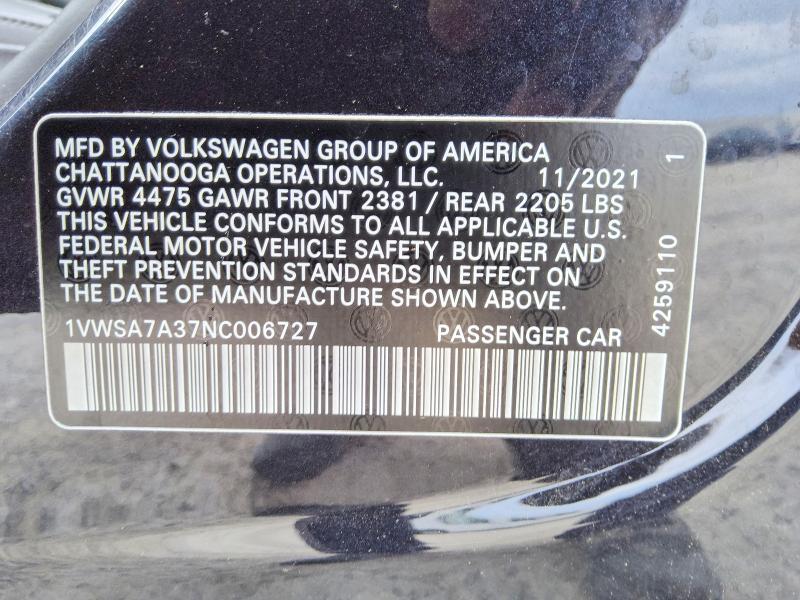 Aukcja sprzedaży 2022 Volkswagen Passat, vin: 1VWSA7A37NC006727, numer aukcji: 57052356