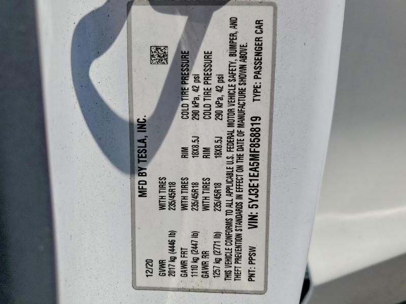Продаж на аукціоні авто 2021 Tesla Model 3, vin: 5YJ3E1EA5MF858819, номер лоту: 56196606