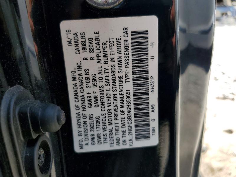 Aukcja sprzedaży 2016 Honda Civic, vin: 2HGFC3B34GH353651, numer aukcji: 58392326