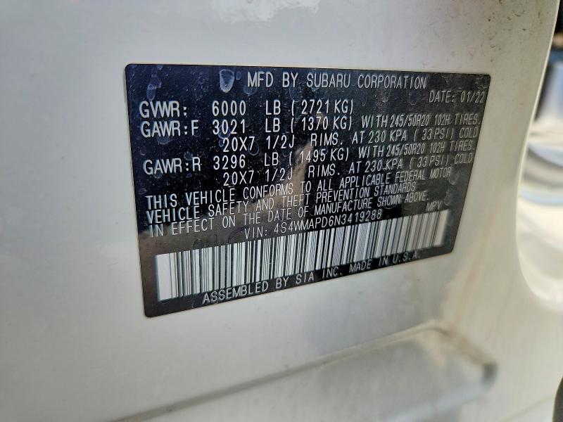 2022 Subaru Ascent მანქანა იყიდება აუქციონზე, vin: 4S4WMAPD6N3419288, აუქციონის ნომერი: 58418516