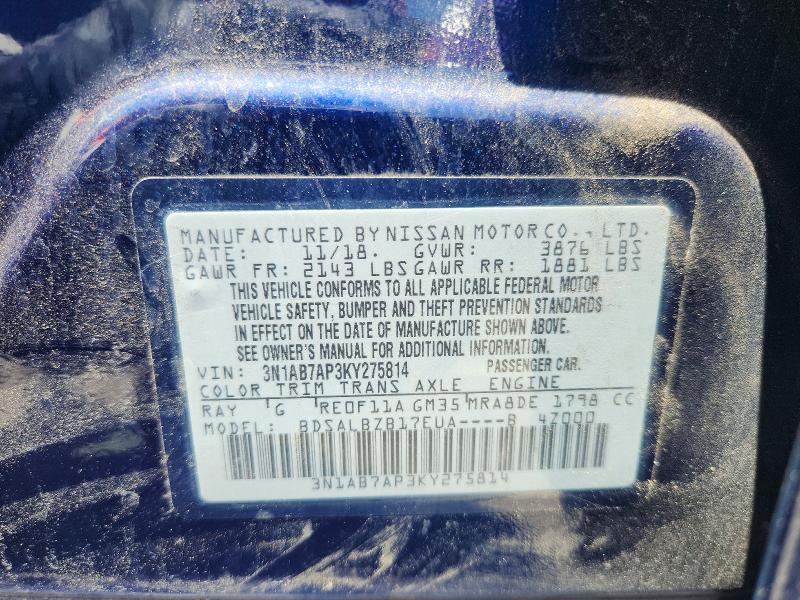 55929596 :رقم المزاد ، 3N1AB7AP3KY275814 vin ، 2019 Nissan Sentra مزاد بيع