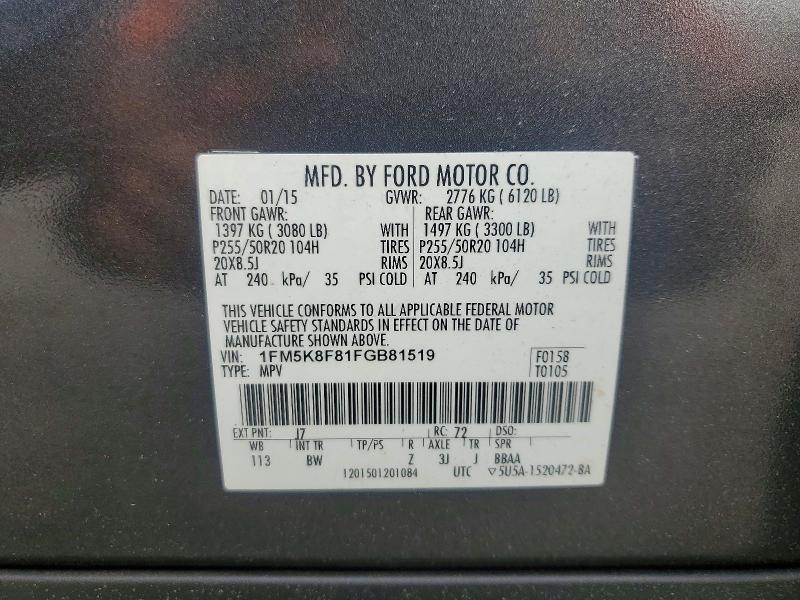 Auction sale of the 2015 Ford Explorer, vin: 1FM5K8F81FGB81519, lot number: 57662516